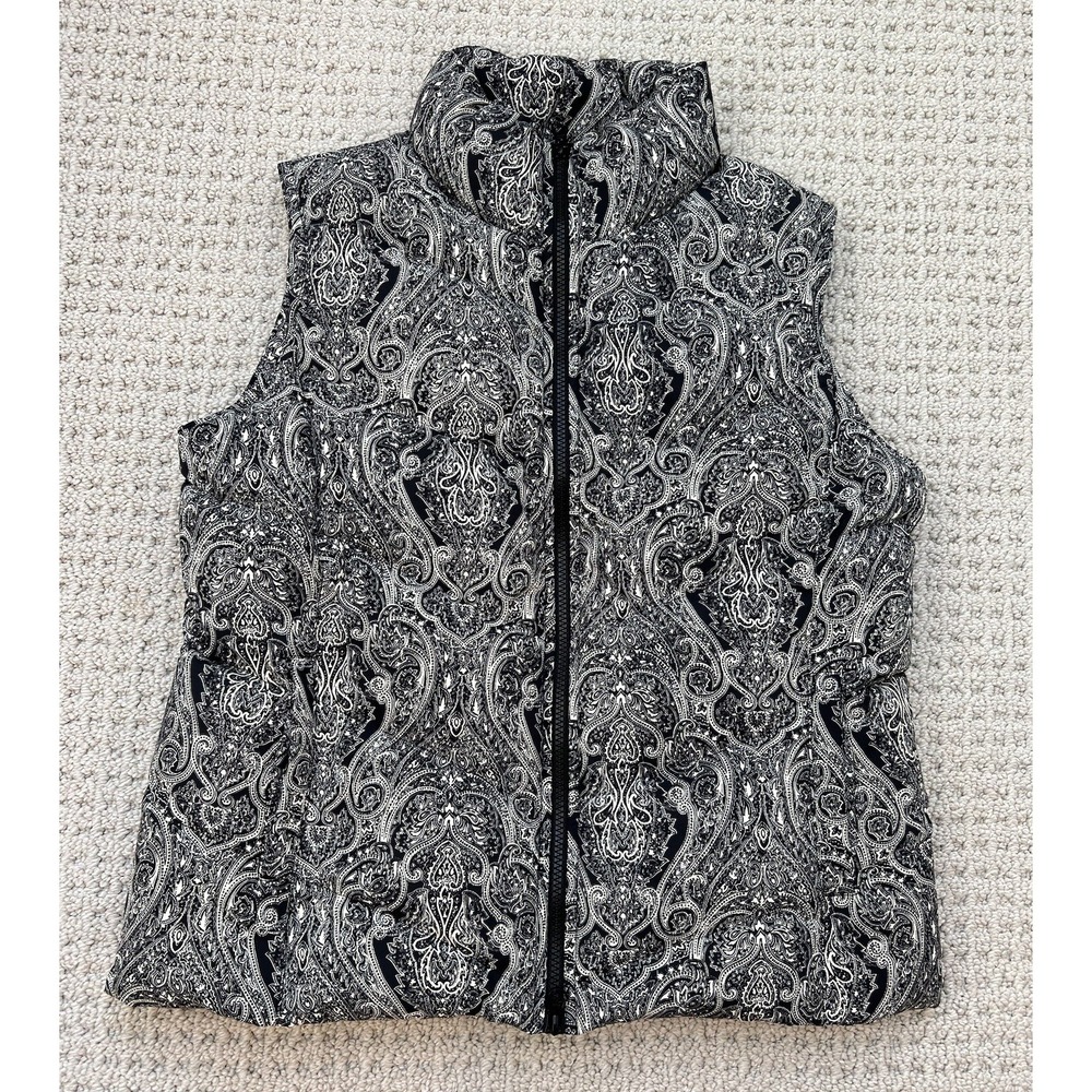 Talbots Women Down Filled Puffer Vest Sz MP Paisley Multicolor Pockets Zipper
